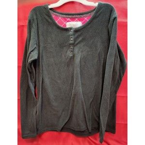 Muk Luks Womens Size Medium Thermal T Shirt Long Sleeve  Button Top Gray Brown